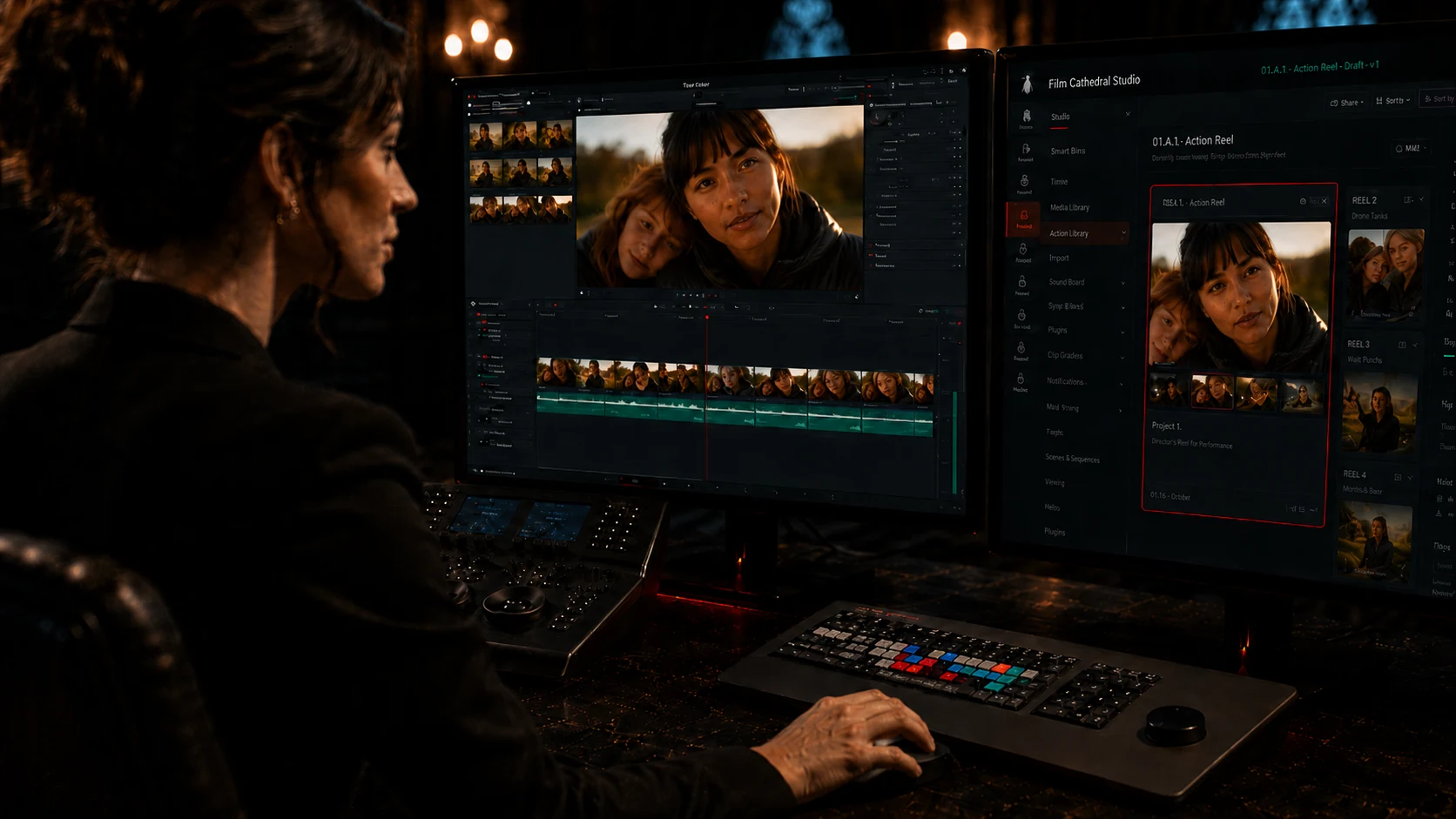 Editor using Fallen Cathedral Studio with integrated AI production tools across dual displays